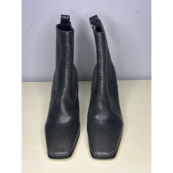 Paige Women's Frankie Square Toe Snake Embossed Leather Heeled Boot Black Sz 8.5 - Picture 1 of 8